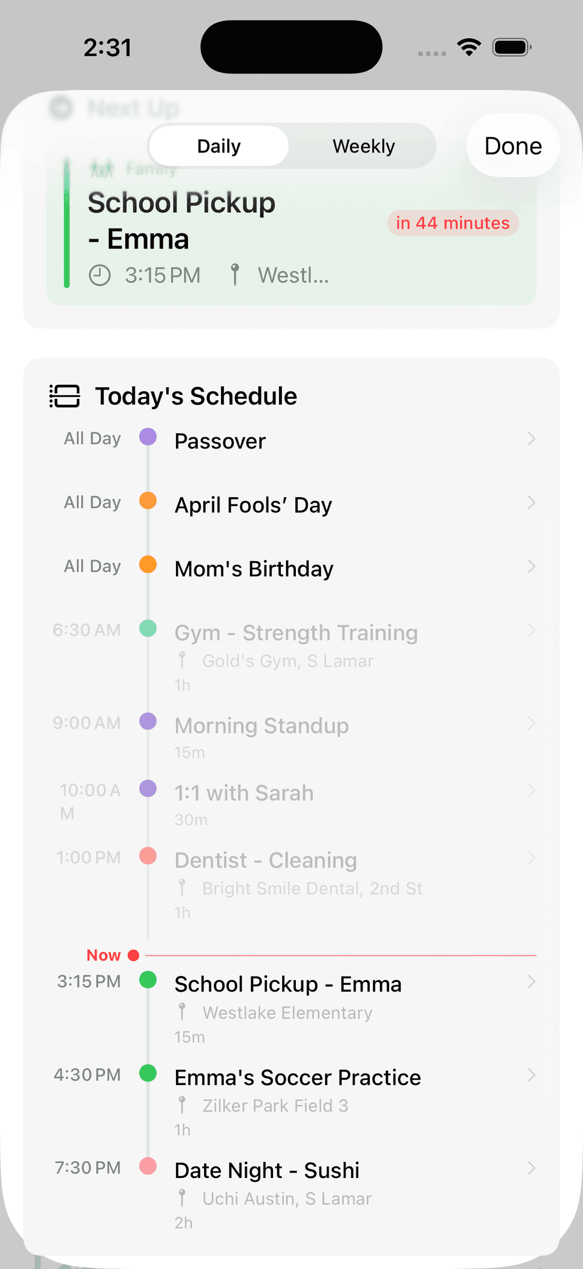 Horizon app showing a daily schedule with categorized events