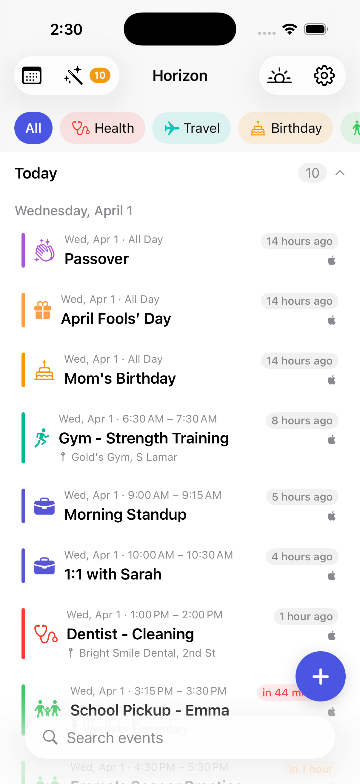 Horizon list view with categorized events and filters